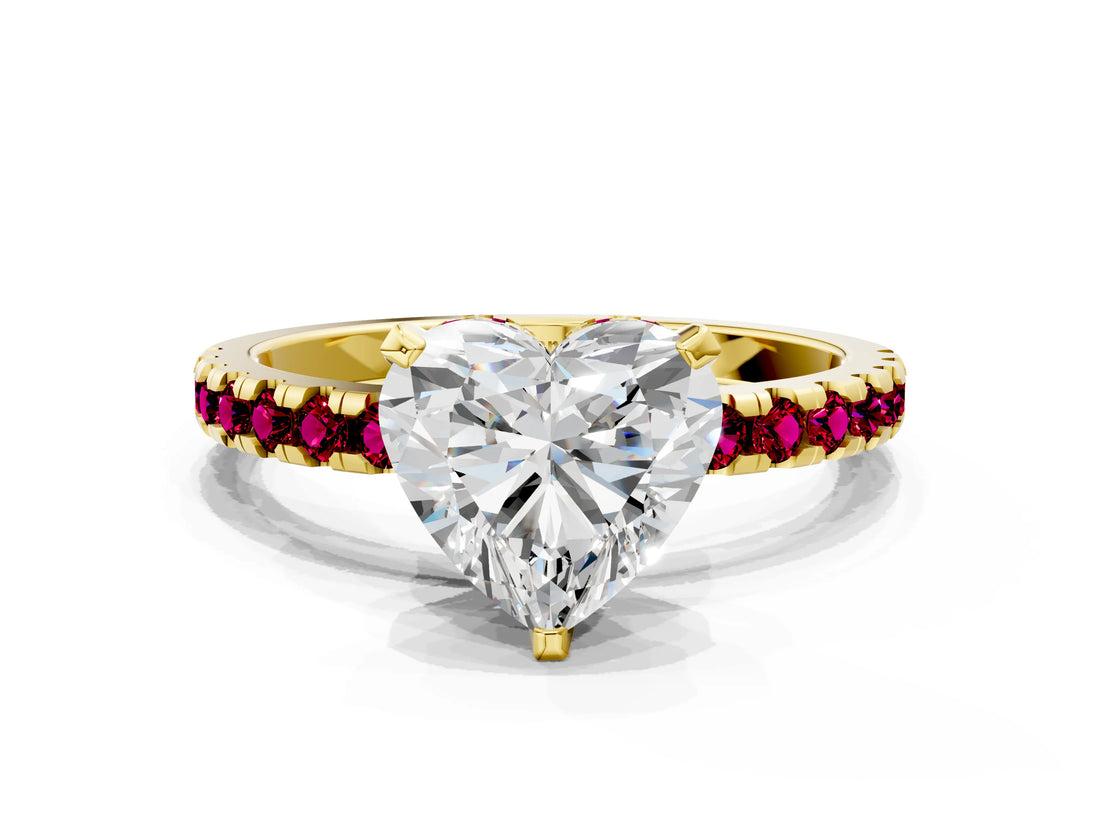 Yellow gold Heart Cut Diamond Solitaire Ring with Pavé Band and Four-Prong Setting