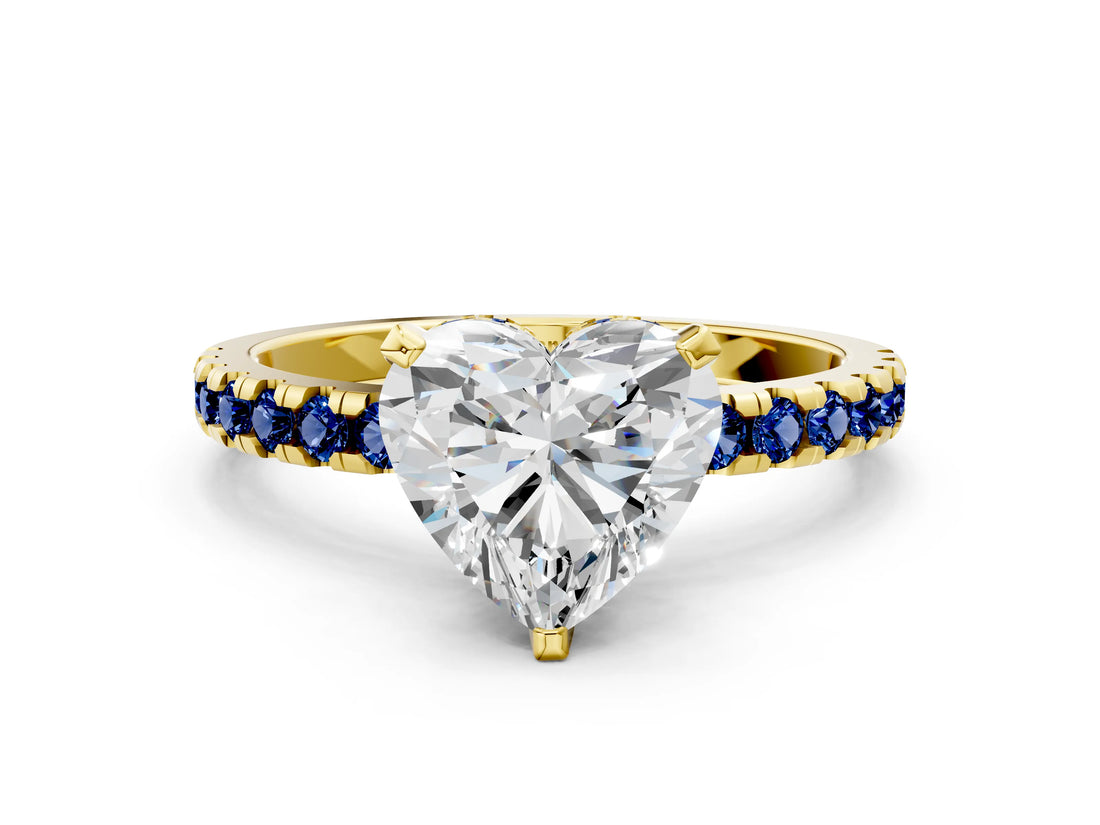 Yellow gold Heart Cut Diamond Solitaire Ring with Pavé Band and Four-Prong Setting
