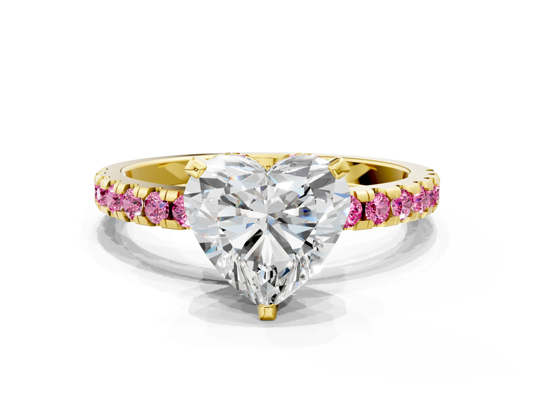 Yellow gold Heart Cut Diamond Solitaire Ring with Pavé Band and Four-Prong Setting