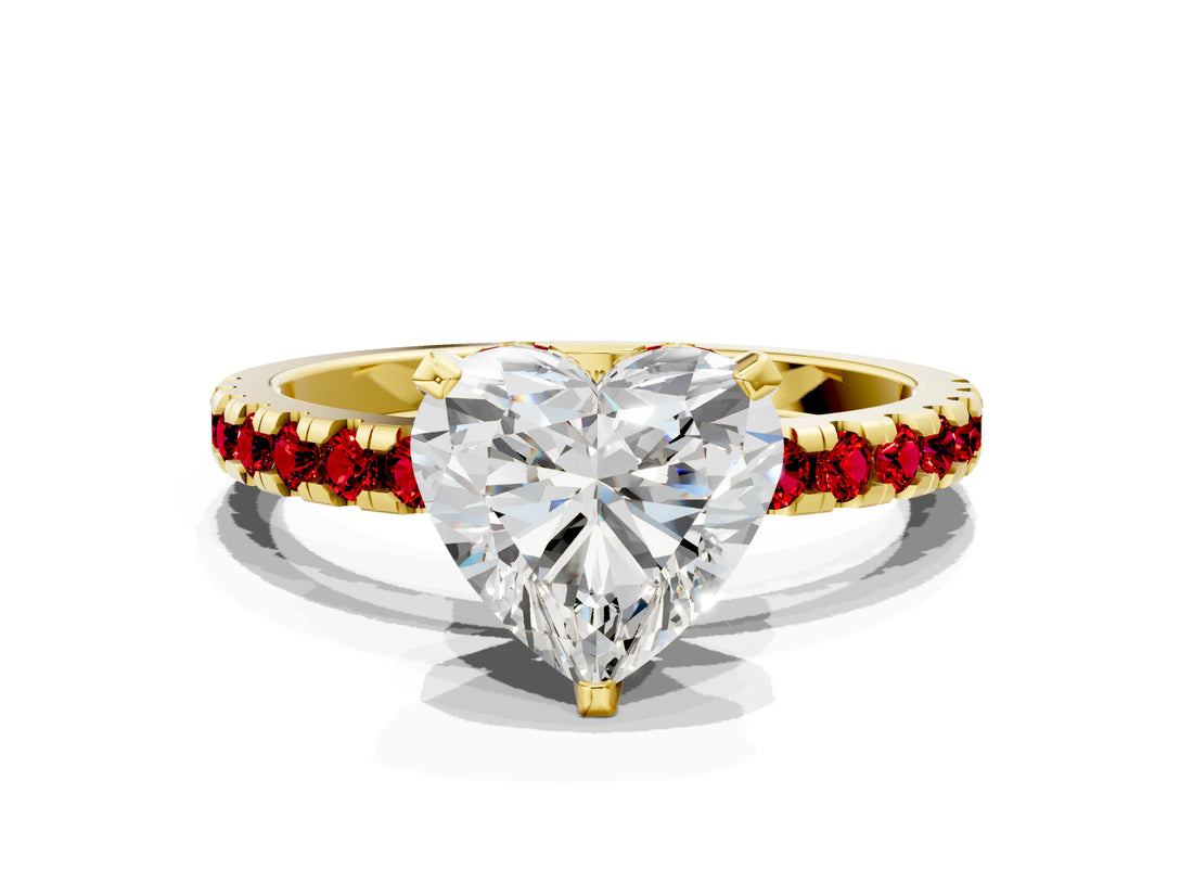 Yellow gold Heart Cut Diamond Solitaire Ring with Pavé Band and Four-Prong Setting