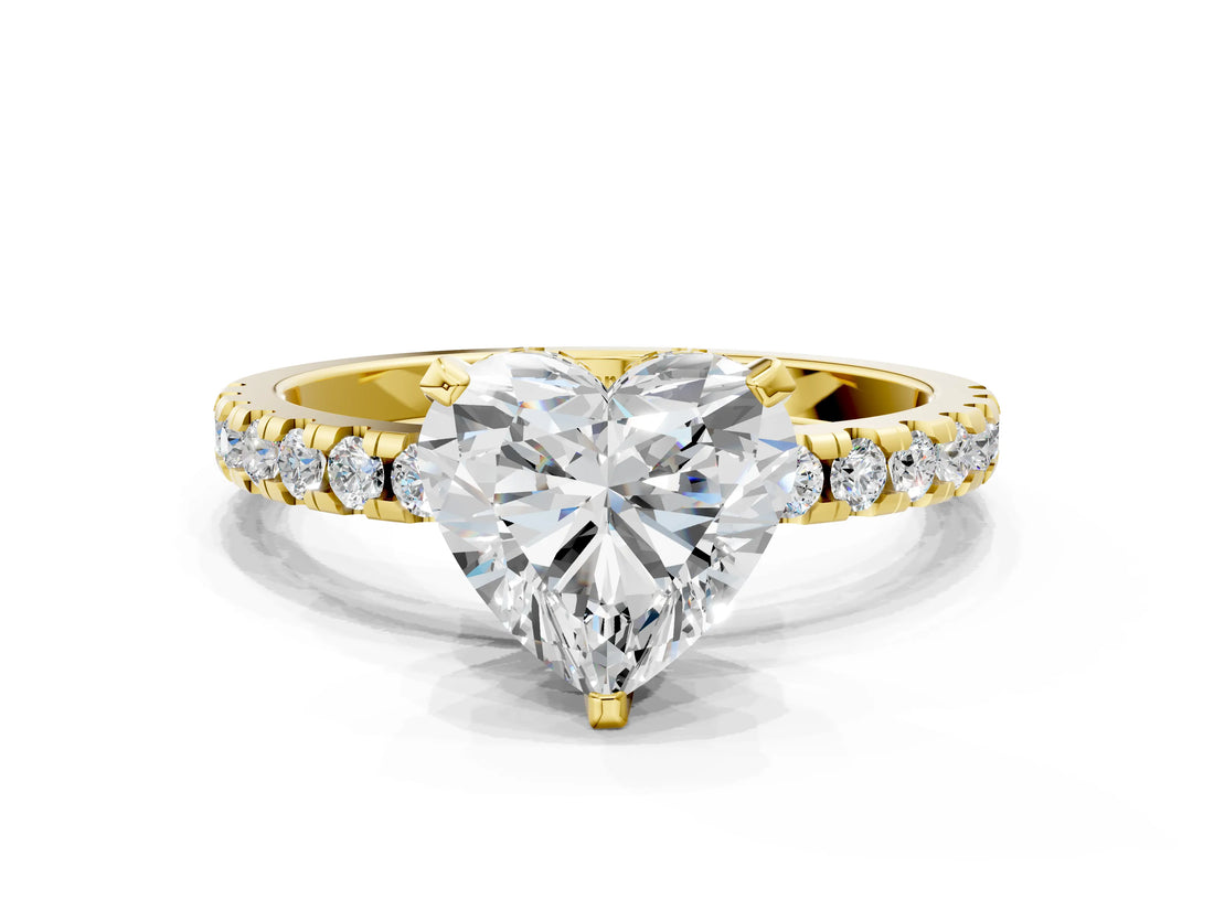 Yellow gold Heart Cut Diamond Solitaire Ring with Pavé Band and Four-Prong Setting