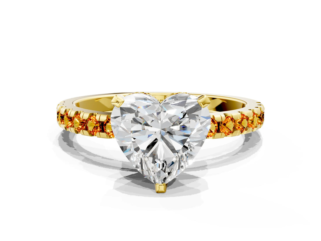 Yellow gold Heart Cut Diamond Solitaire Ring with Pavé Band and Four-Prong Setting