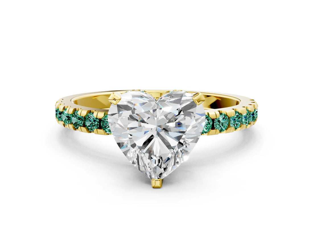 Yellow gold Heart Cut Diamond Solitaire Ring with Pavé Band and Four-Prong Setting
