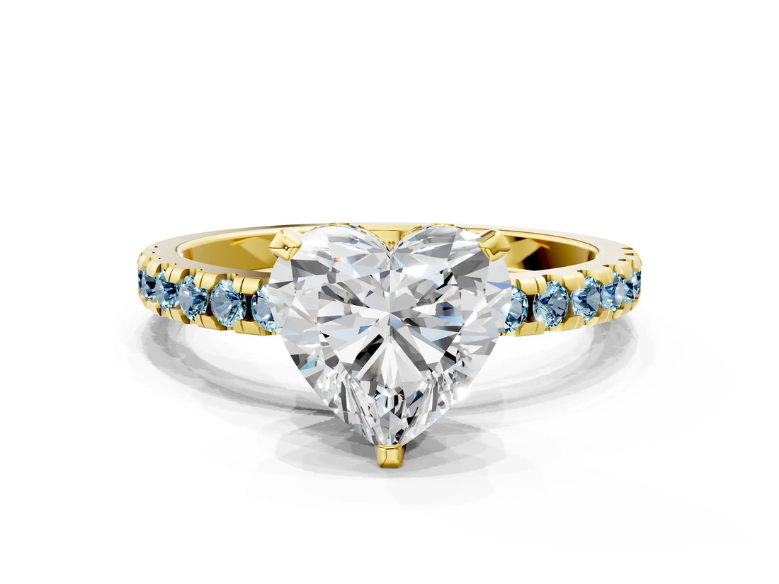 Yellow gold Heart Cut Diamond Solitaire Ring with Pavé Band and Four-Prong Setting