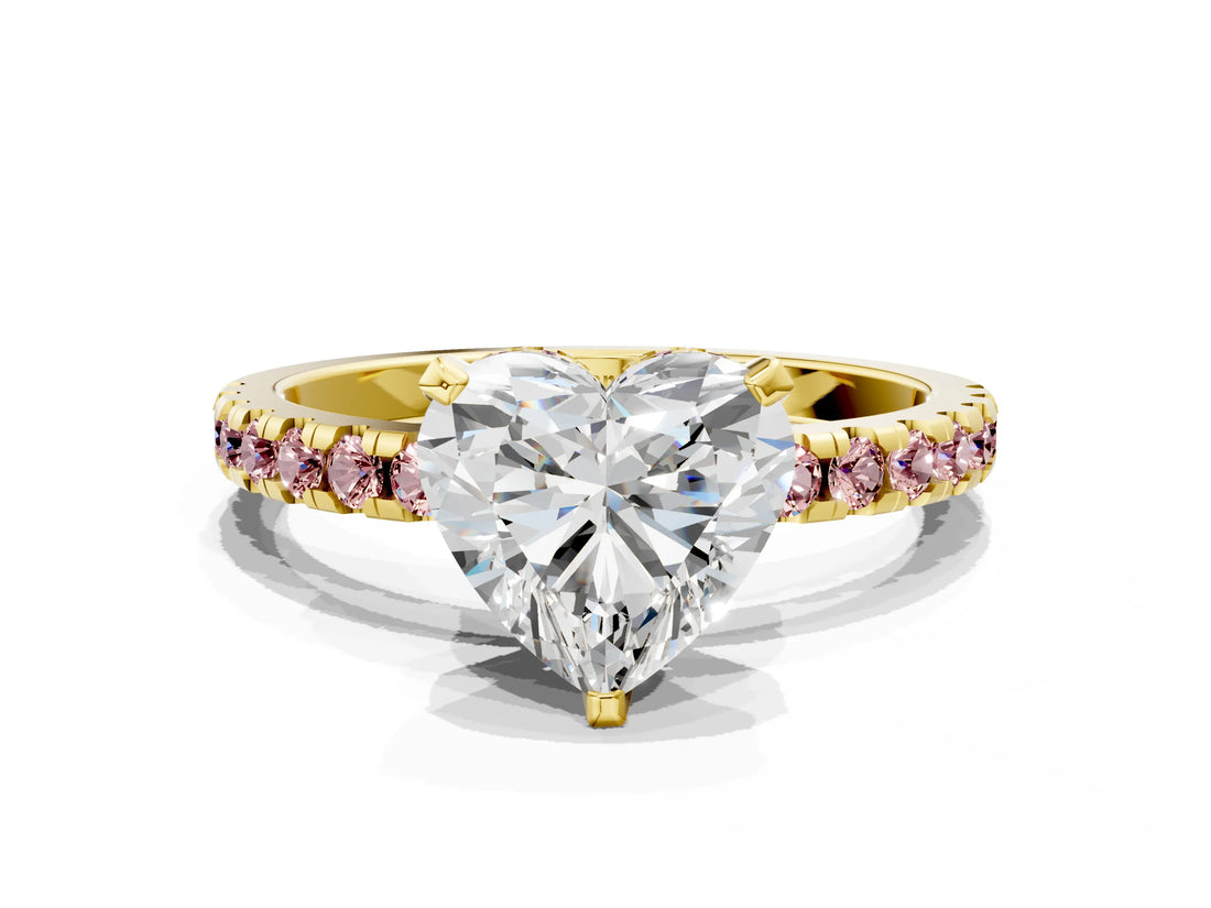 Yellow gold Heart Cut Diamond Solitaire Ring with Pavé Band and Four-Prong Setting
