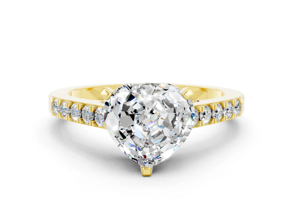 Yellow gold Heart Cut Moissanite Solitaire Ring with Crossover Gallery and Round  Pavé Band