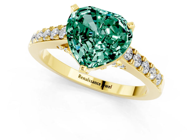 Yellow gold Heart Cut Green Sapphire Solitaire Ring with Crossover Gallery and Round  Pavé Band