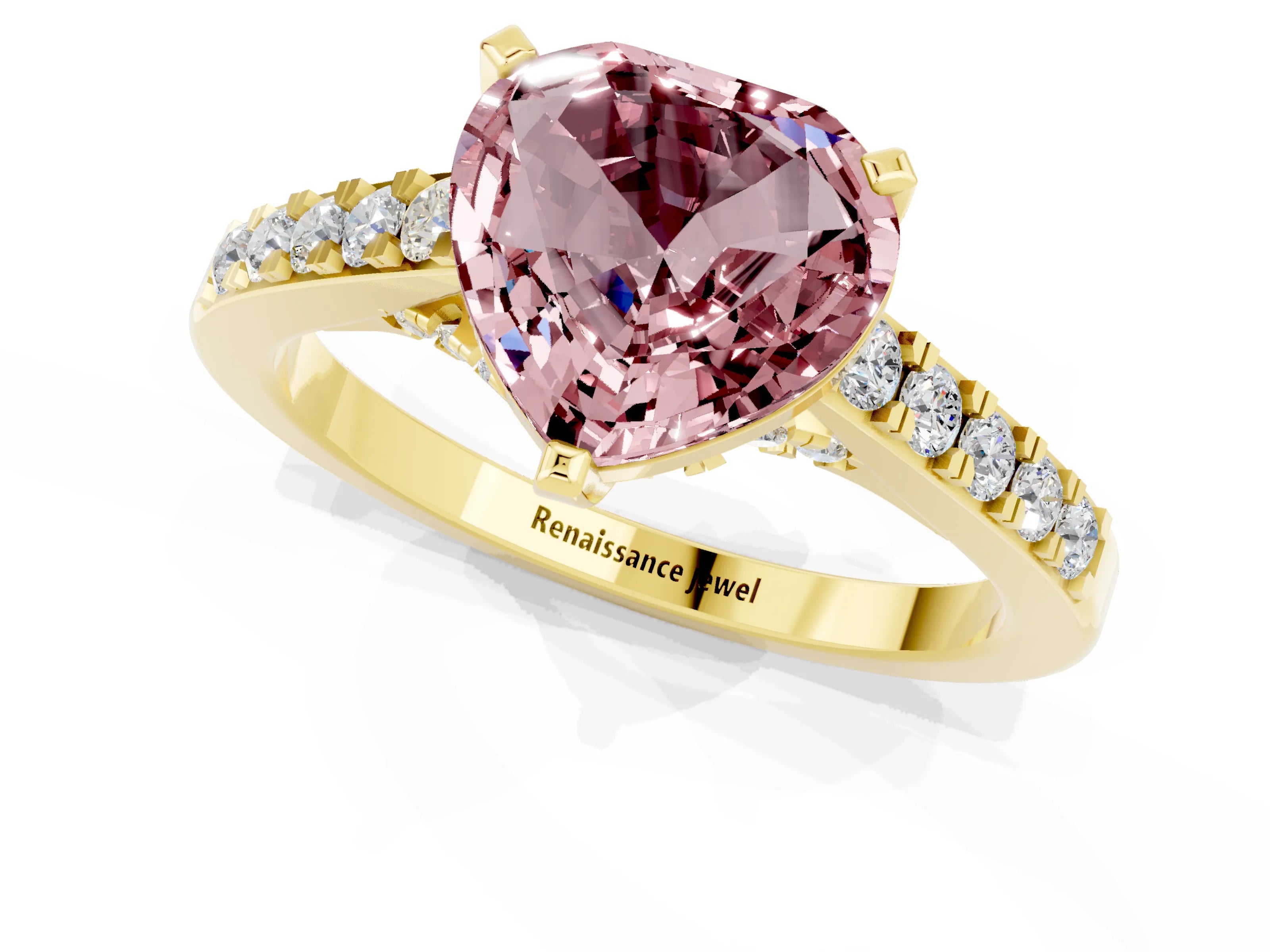 Yellow gold Heart Cut Diamond Solitaire Ring with Pavé Band and Prong Setting_1