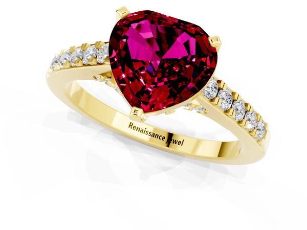 Yellow gold Heart Cut Garnet Solitaire Ring with Crossover Gallery and Round  Pavé Band