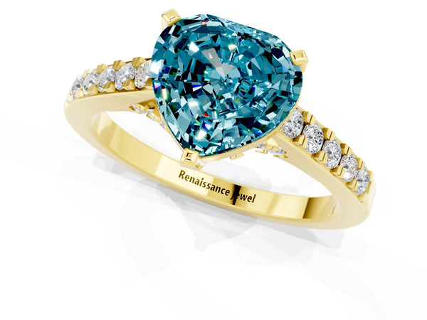 Yellow gold Heart Cut Blue Topaz Solitaire Ring with Crossover Gallery and Round  Pavé Band