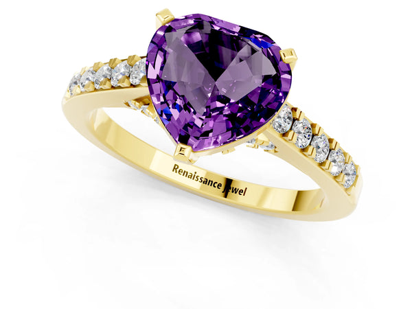 Yellow gold Heart Cut Amethyst Solitaire Ring with Crossover Gallery and Round  Pavé Band