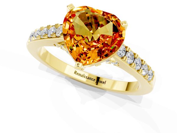 Yellow gold Heart Cut Citrine Solitaire Ring with Crossover Gallery and Round  Pavé Band