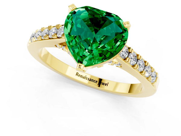 Yellow gold Heart Cut Emerald Solitaire Ring with Crossover Gallery and Round  Pavé Band