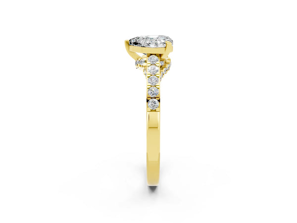 Yellow gold Heart Cut Moissanite Solitaire Ring with Crossover Gallery and Round  Pavé Band