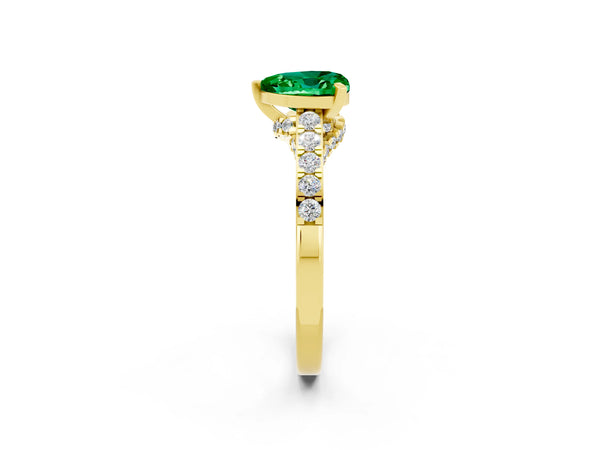 Yellow gold Heart Cut Emerald Solitaire Ring with Crossover Gallery and Round  Pavé Band