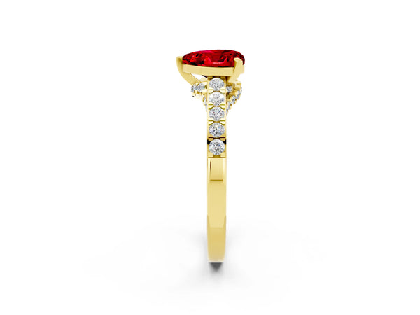 Yellow gold Heart Cut Ruby Solitaire Ring with Crossover Gallery and Round  Pavé Band