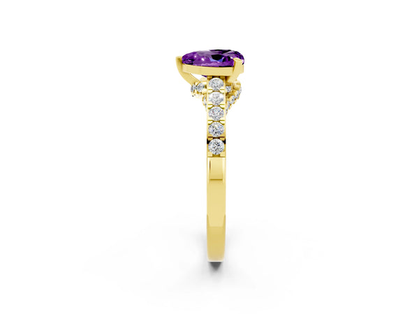 Yellow gold Heart Cut Amethyst Solitaire Ring with Crossover Gallery and Round  Pavé Band