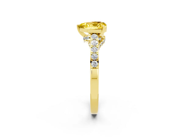 Yellow gold Heart Cut Yellow Sapphire Solitaire Ring with Crossover Gallery and Round  Pavé Band