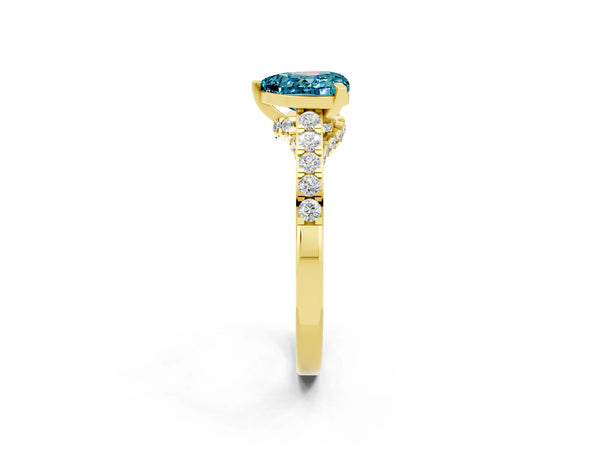 Yellow gold Heart Cut Blue Topaz Solitaire Ring with Crossover Gallery and Round  Pavé Band