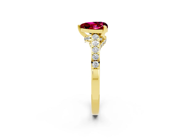 Yellow gold Heart Cut Garnet Solitaire Ring with Crossover Gallery and Round  Pavé Band