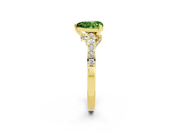 Yellow gold Heart Cut Peridot Solitaire Ring with Crossover Gallery and Round  Pavé Band