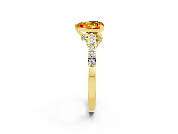 Yellow gold Heart Cut Citrine Solitaire Ring with Crossover Gallery and Round  Pavé Band