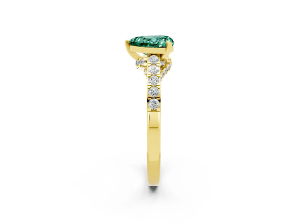 Yellow gold Heart Cut Green Sapphire Solitaire Ring with Crossover Gallery and Round  Pavé Band