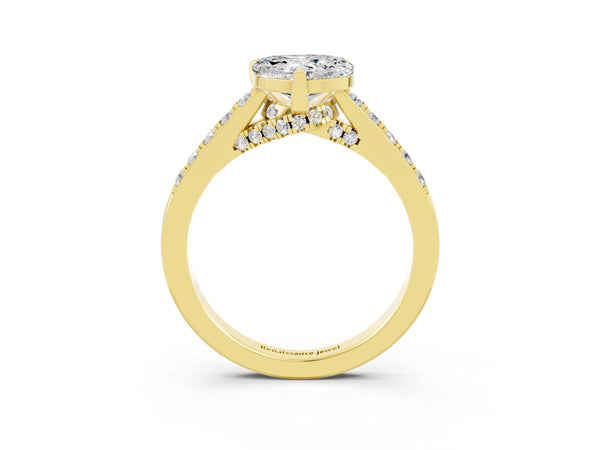 Yellow gold Heart Cut Moissanite Solitaire Ring with Crossover Gallery and Round  Pavé Band