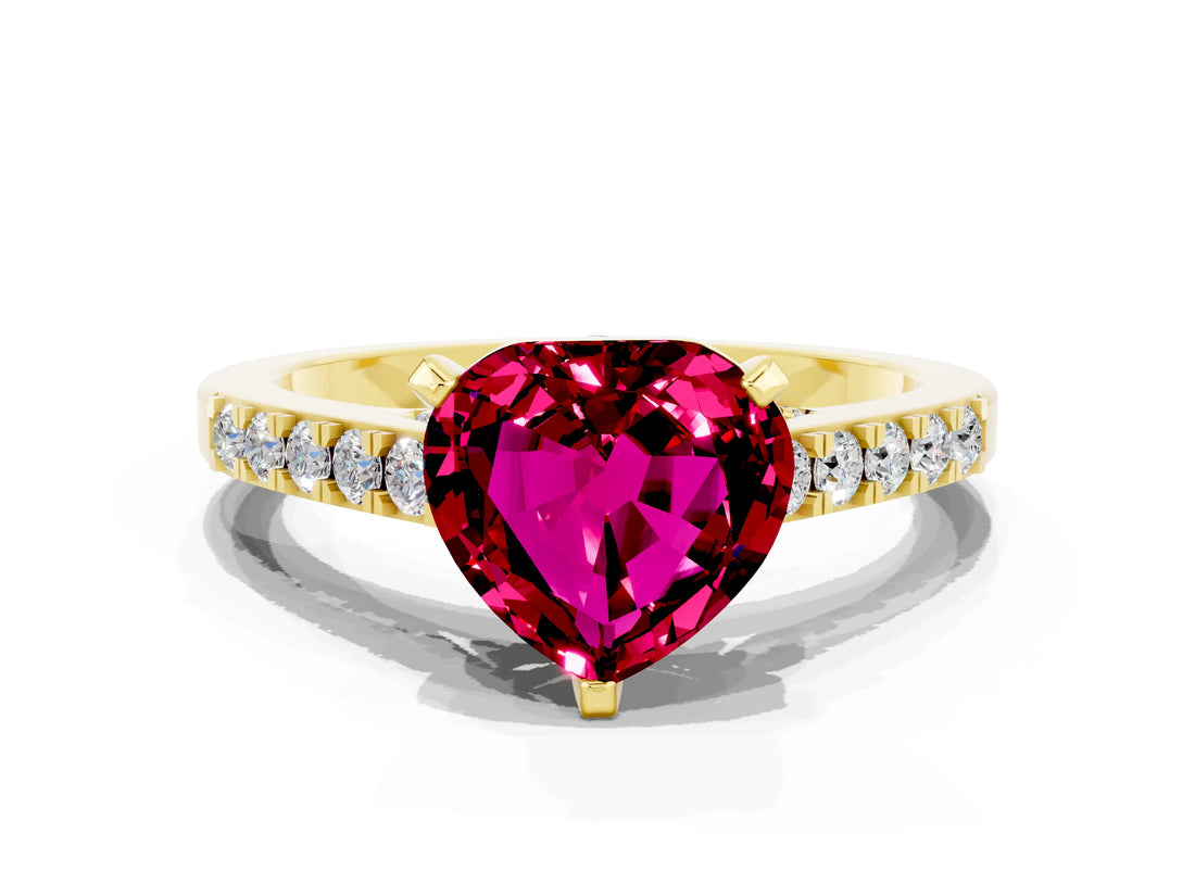 Yellow gold Heart Cut Diamond Solitaire Ring with Pavé Band and Prong Setting