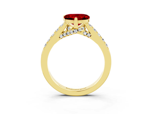 Yellow gold Heart Cut Ruby Solitaire Ring with Crossover Gallery and Round  Pavé Band
