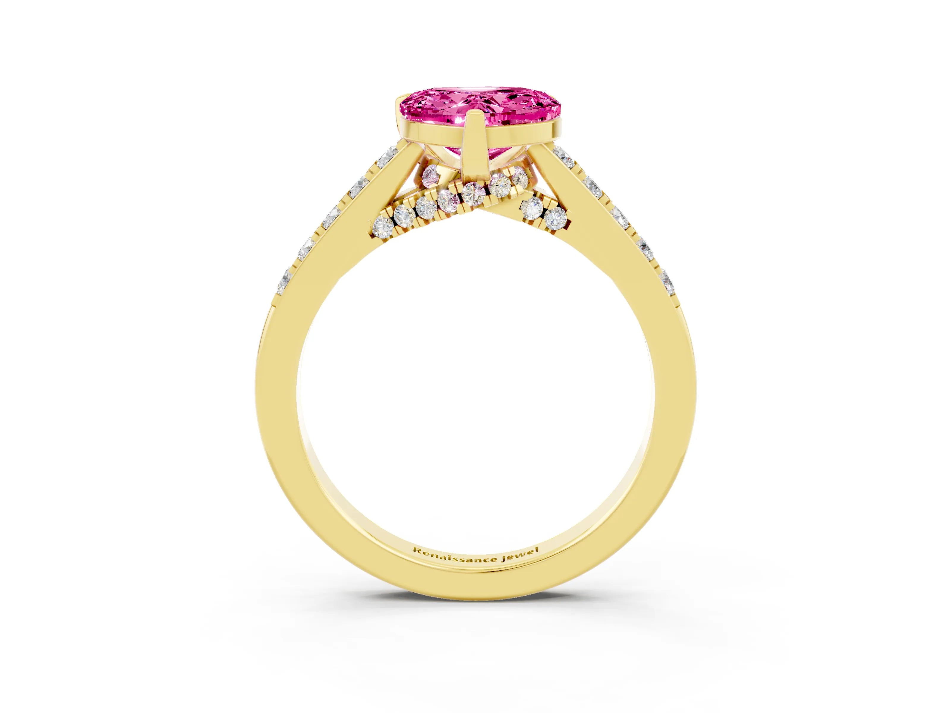 Yellow gold Heart Cut Diamond Solitaire Ring with Pavé Band and Prong Setting_3
