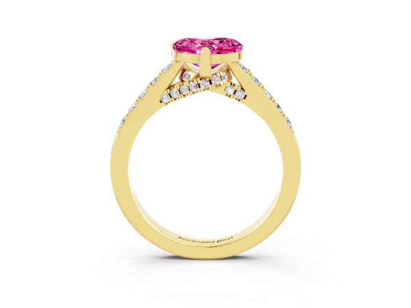 Yellow gold Heart Cut Pink Sapphire Solitaire Ring with Crossover Gallery and Round  Pavé Band