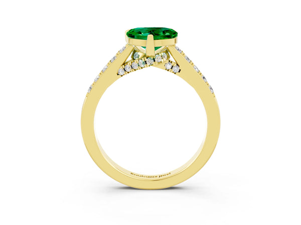 Yellow gold Heart Cut Emerald Solitaire Ring with Crossover Gallery and Round  Pavé Band