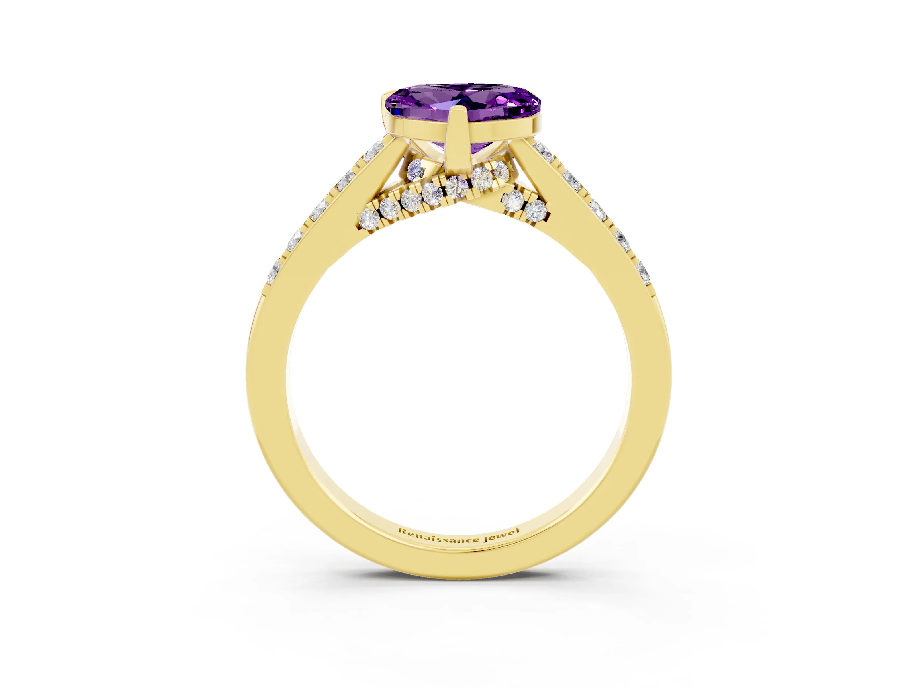 Yellow gold Heart Cut Diamond Solitaire Ring with Pavé Band and Prong Setting_3