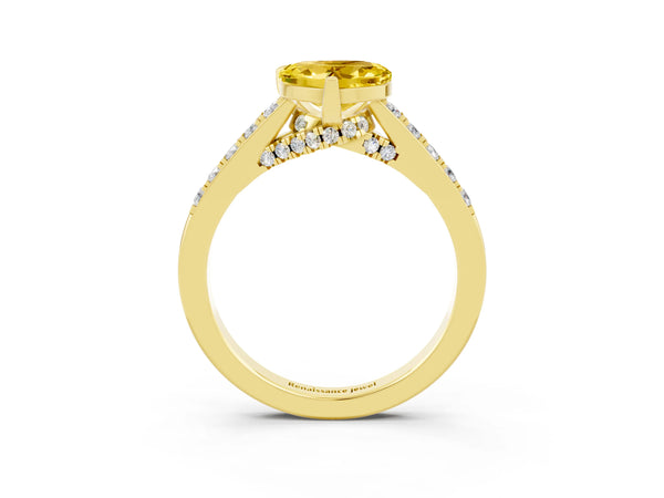 Yellow gold Heart Cut Yellow Sapphire Solitaire Ring with Crossover Gallery and Round  Pavé Band