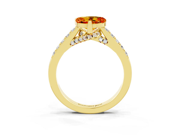 Yellow gold Heart Cut Citrine Solitaire Ring with Crossover Gallery and Round  Pavé Band