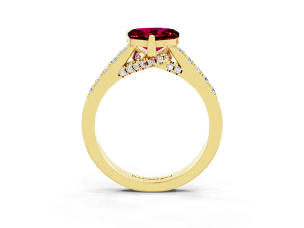 Yellow gold Heart Cut Garnet Solitaire Ring with Crossover Gallery and Round  Pavé Band