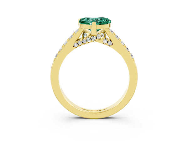 Yellow gold Heart Cut Green Sapphire Solitaire Ring with Crossover Gallery and Round  Pavé Band
