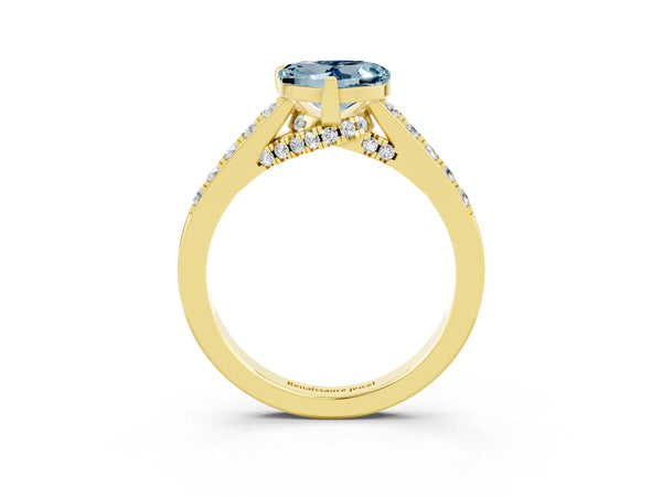 Yellow gold Heart Cut Aquamarine Solitaire Ring with Crossover Gallery and Round  Pavé Band