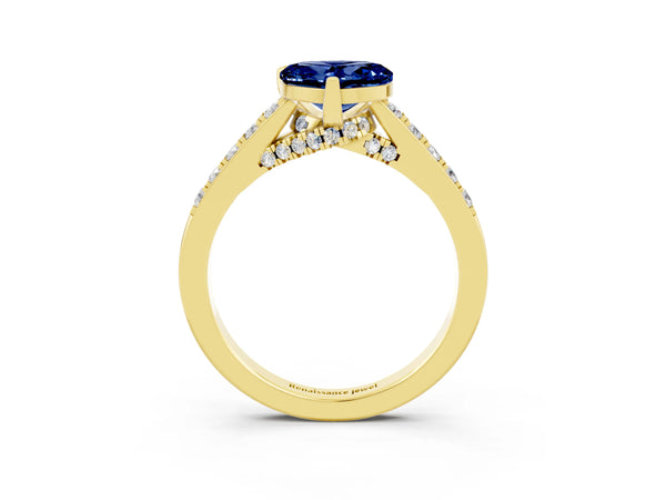Yellow gold Heart Cut Blue Sapphire Solitaire Ring with Crossover Gallery and Round  Pavé Band