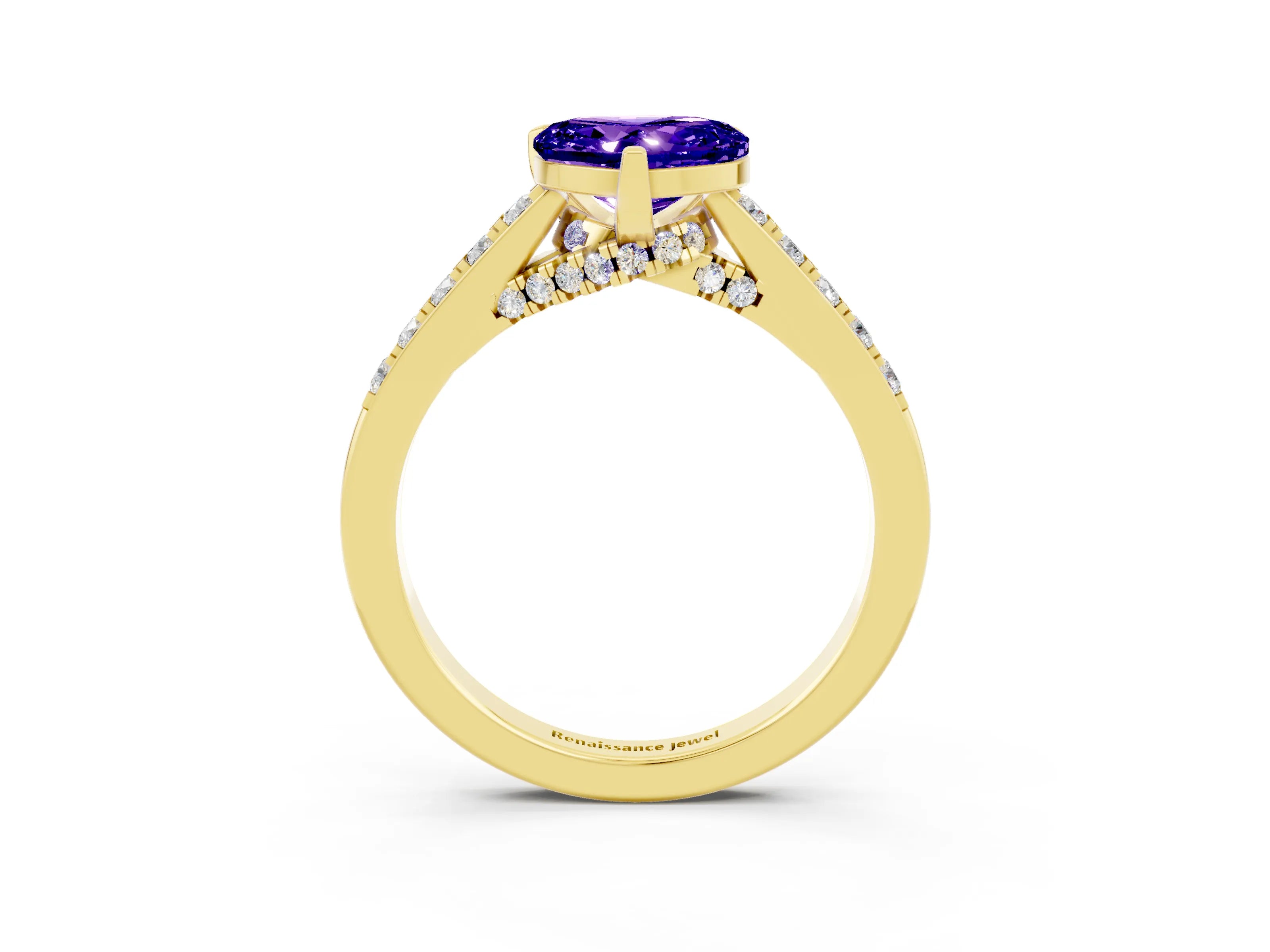 Yellow gold Heart Cut Diamond Solitaire Ring with Pavé Band and Prong Setting_3