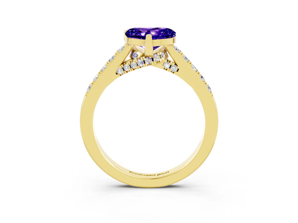 Yellow gold Heart Cut Tanzanite Solitaire Ring with Crossover Gallery and Round  Pavé Band