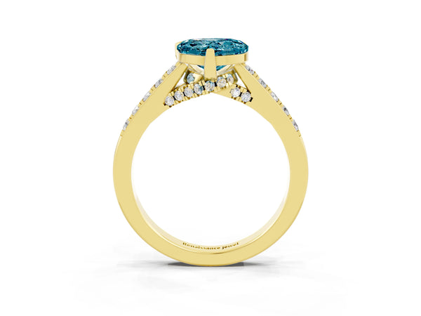Yellow gold Heart Cut Blue Topaz Solitaire Ring with Crossover Gallery and Round  Pavé Band