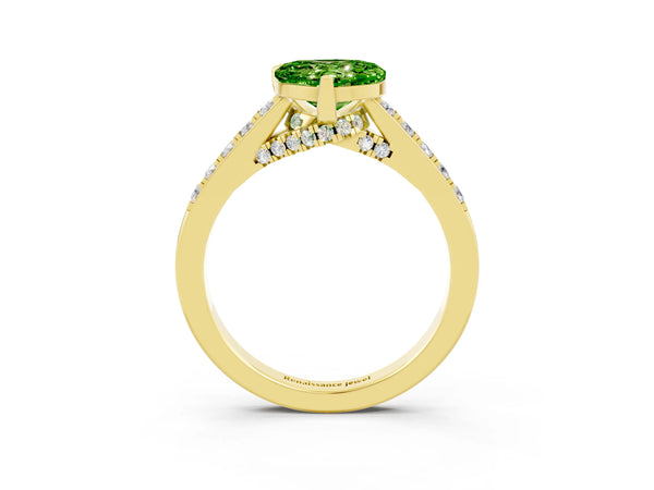 Yellow gold Heart Cut Peridot Solitaire Ring with Crossover Gallery and Round  Pavé Band