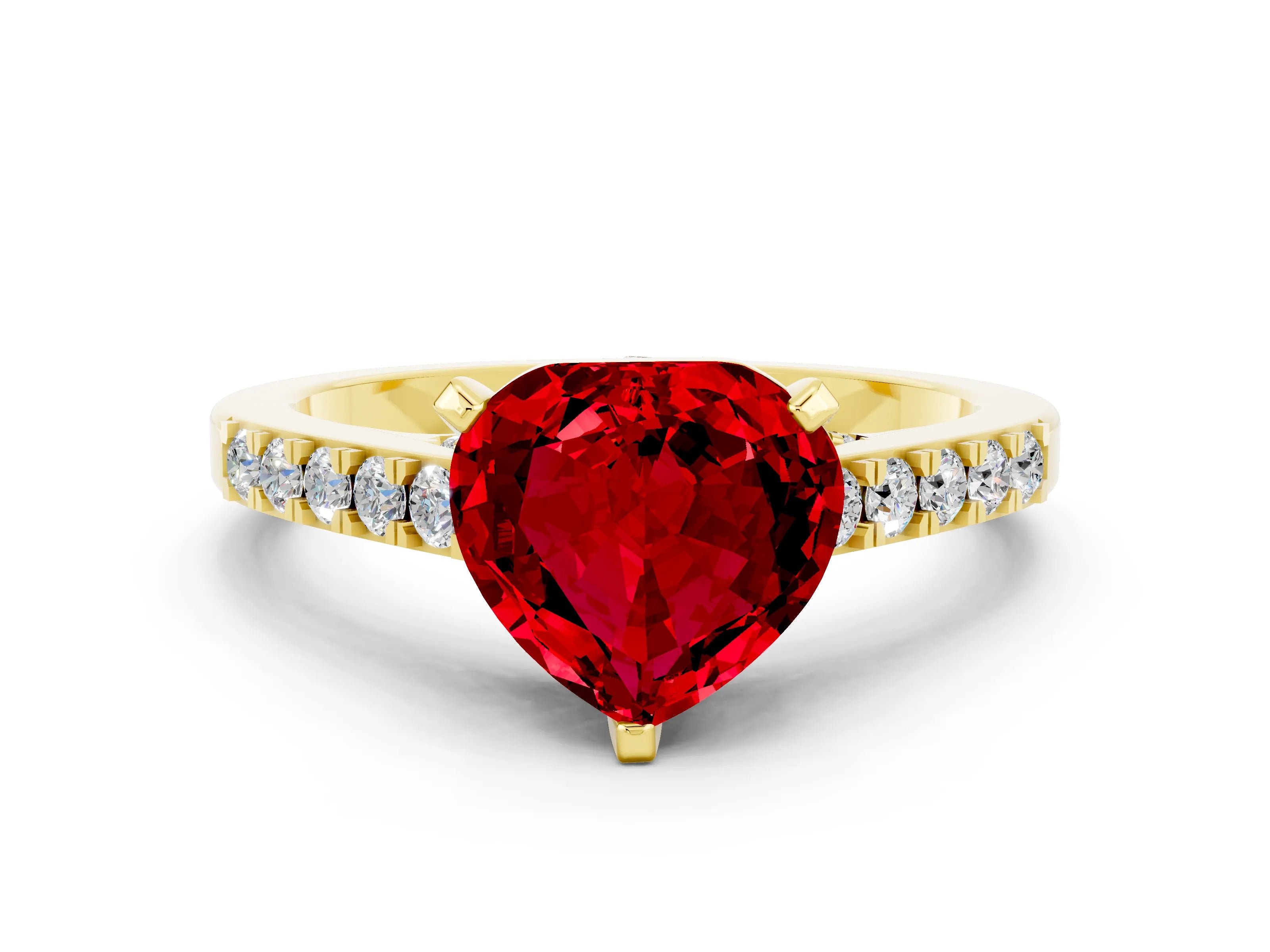 Yellow gold Heart Cut Diamond Solitaire Ring with Pavé Band and Prong Setting