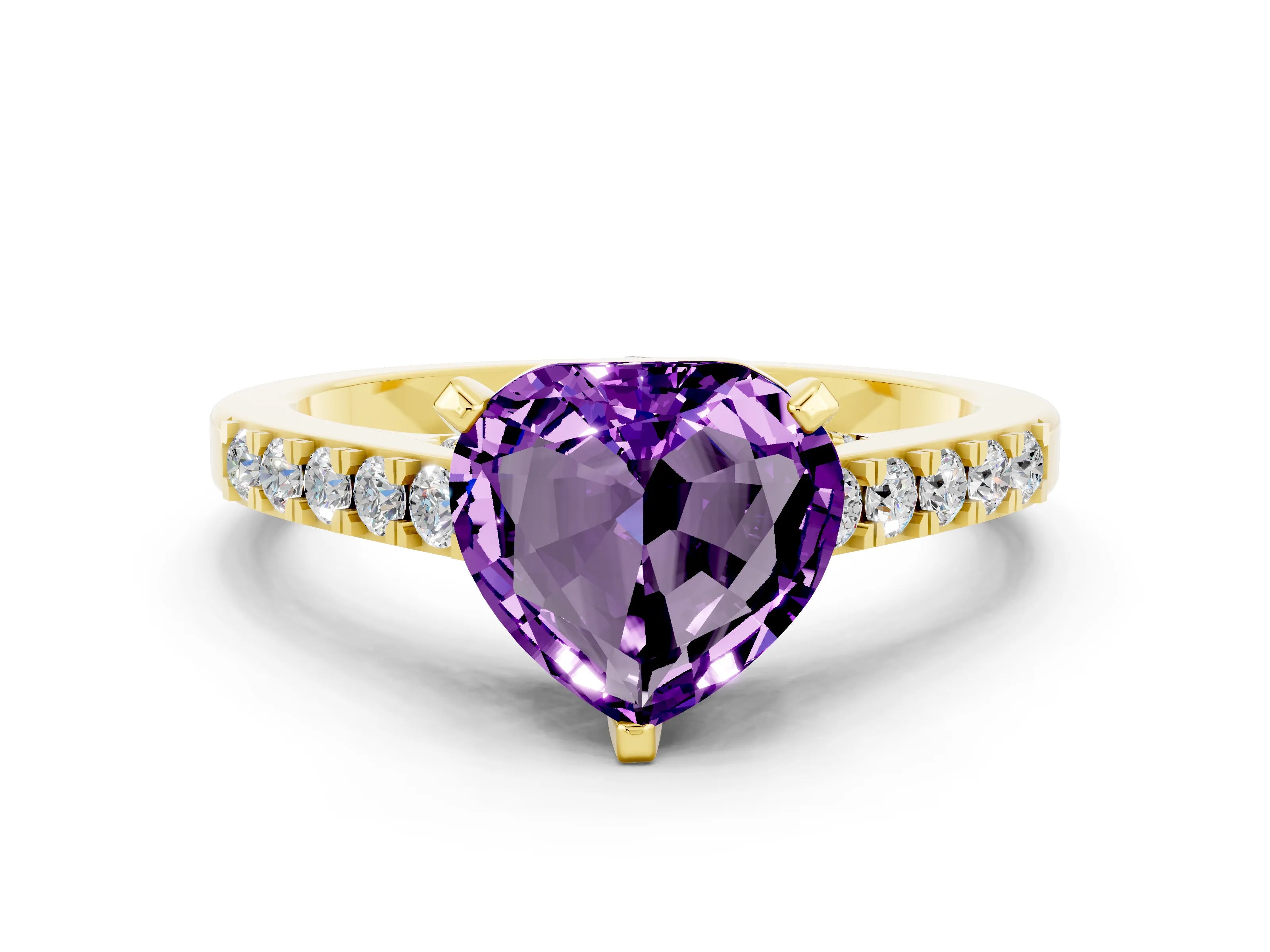 Yellow gold Heart Cut Diamond Solitaire Ring with Pavé Band and Prong Setting