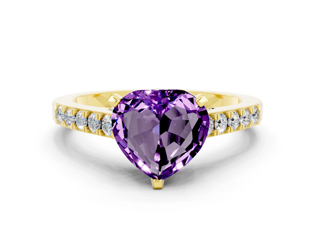 Yellow gold Heart Cut Diamond Solitaire Ring with Pavé Band and Prong Setting