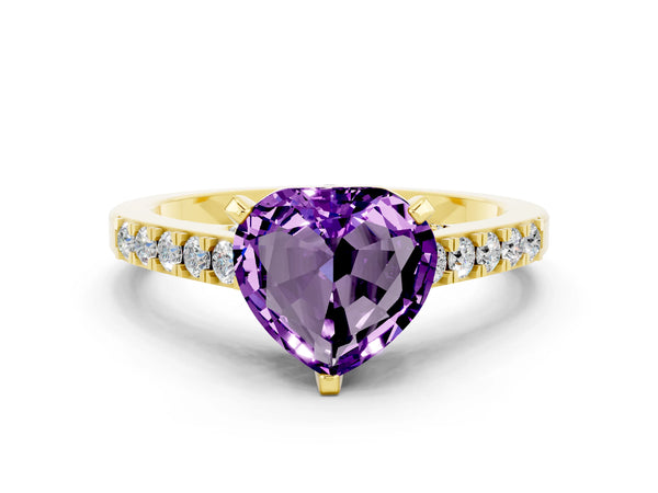 Yellow gold Heart Cut Amethyst Solitaire Ring with Crossover Gallery and Round  Pavé Band