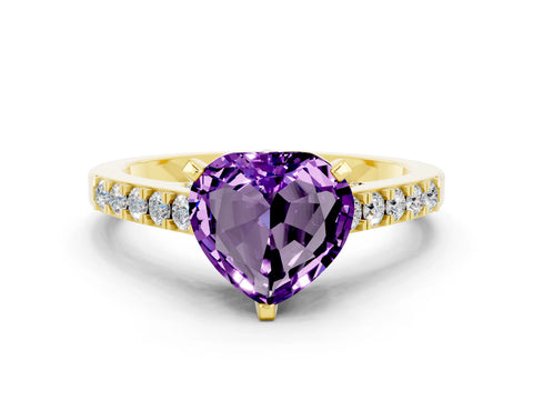 Yellow gold Heart Cut Diamond Solitaire Ring with Pavé Band and Prong Setting