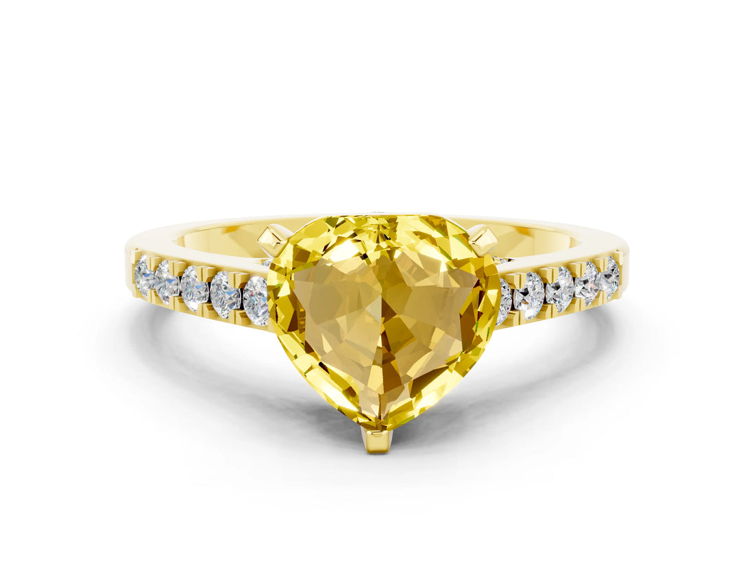 Yellow gold Heart Cut Diamond Solitaire Ring with Pavé Band and Prong Setting